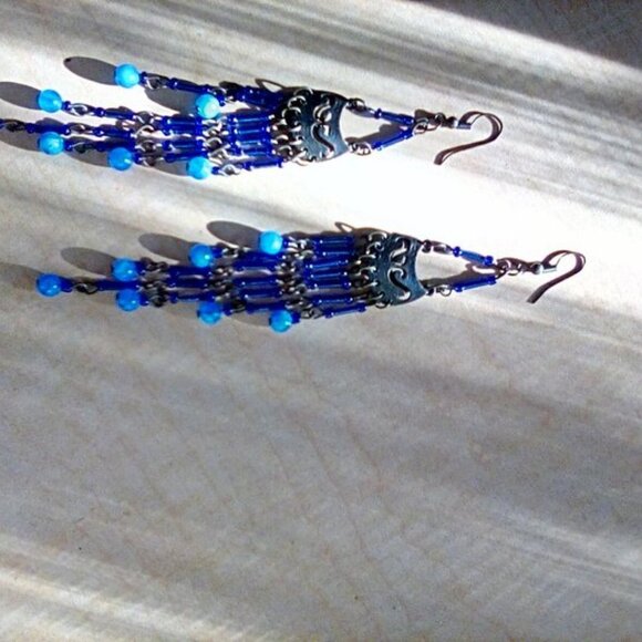 Exotic Royal Blue 7 Strand beaded Earrings 5" long - Picture 5 of 5